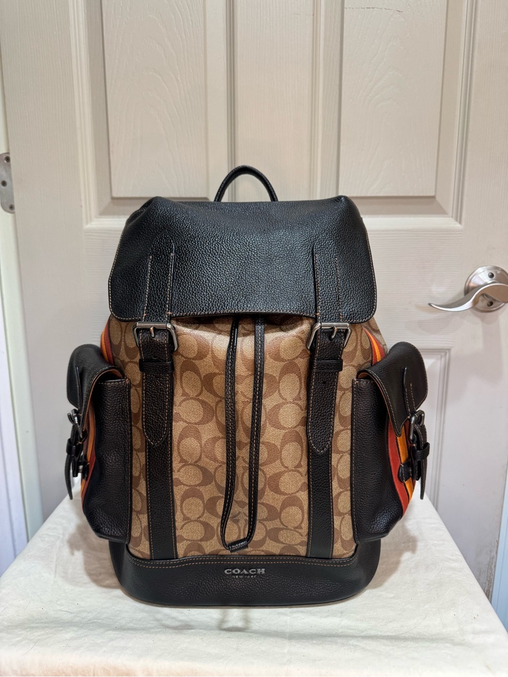 Coach Hudson Backpack Signature Canvas Colorblock Varsity Stripe Leather CB902
